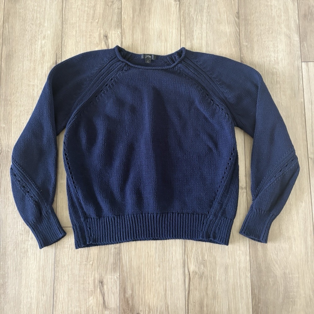 J Crew Womens Cotton Pullover Sweater Sz Large Navy Pointelle Stitching J6381